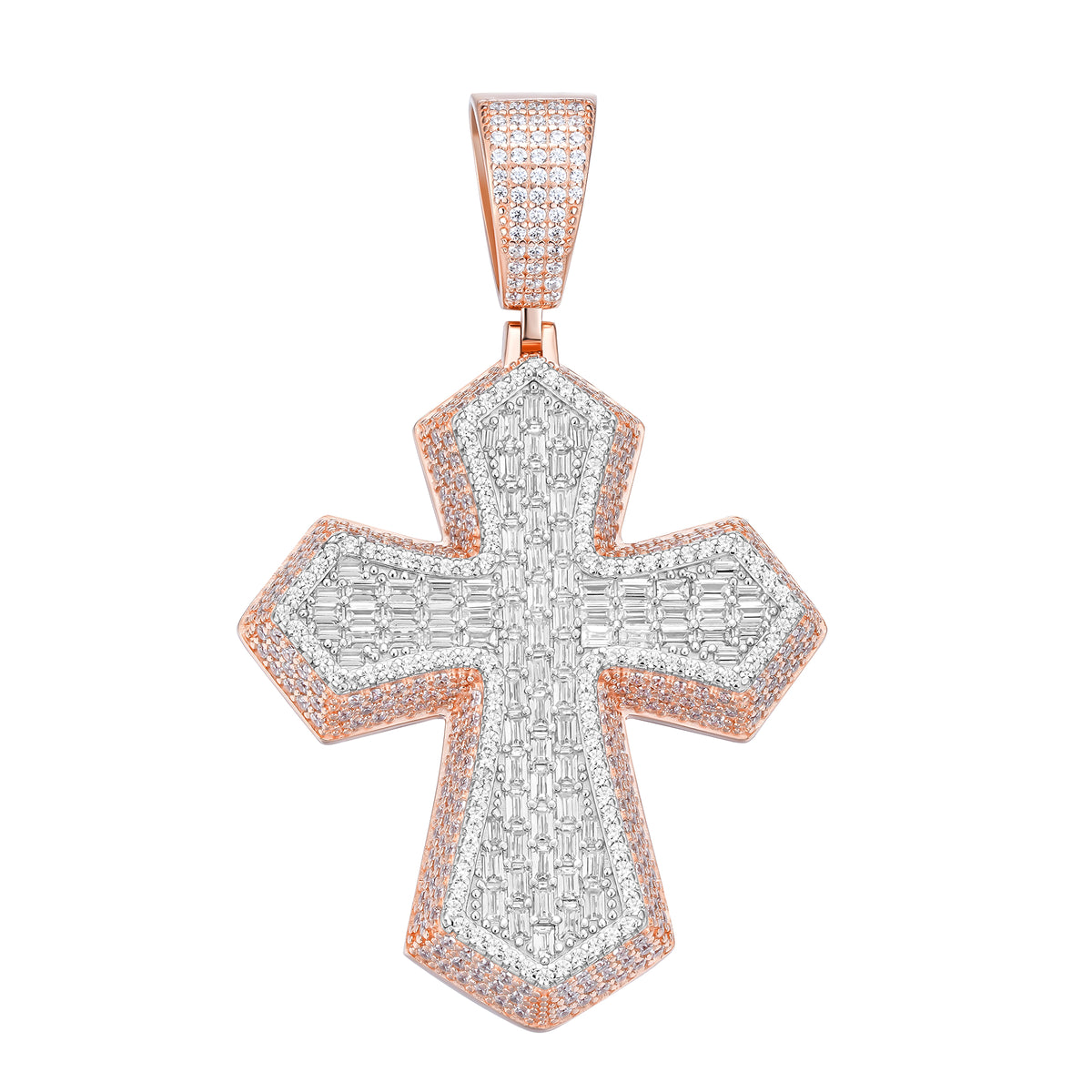 Iced Out Moissanite Cross Pendant – Two Tone Rose Gold & Silver Hip Hop Jewelry | UIU Jewelry