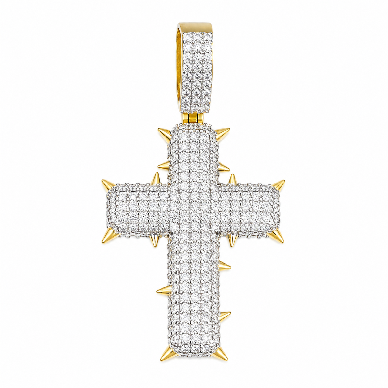 Iced Out Spiked Moissanite Cross Pendant  14K Gold Plated Over 925 Sterling Silver