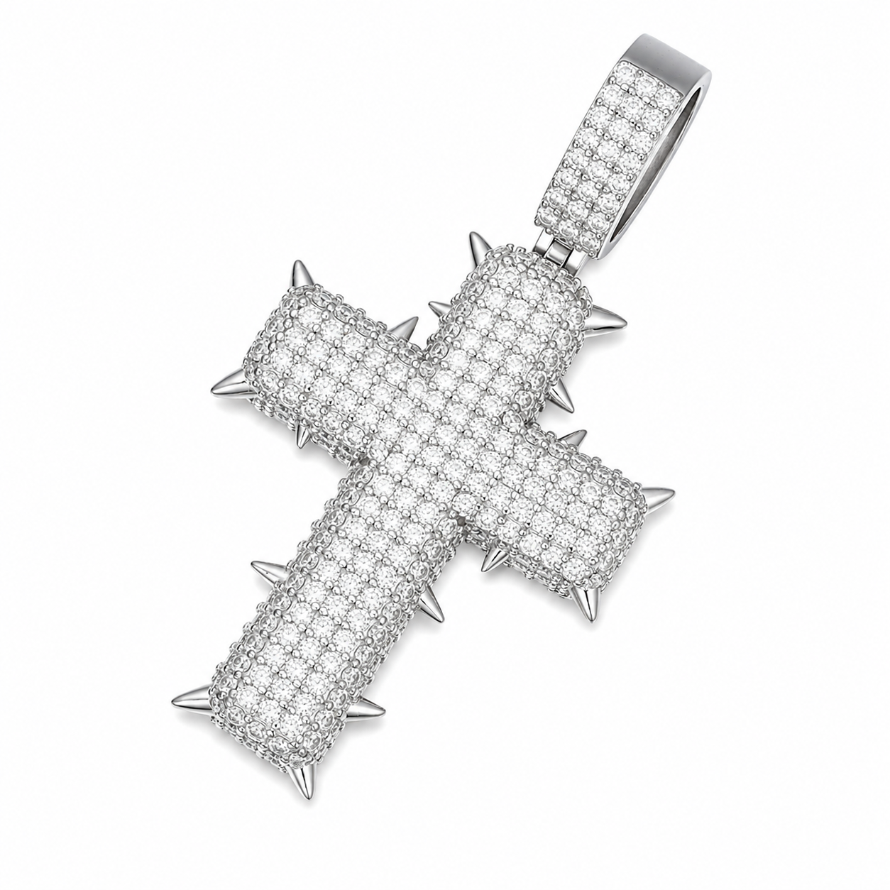 Iced Out Spiked Moissanite Cross Pendant  14K Gold Plated Over 925 Sterling Silver