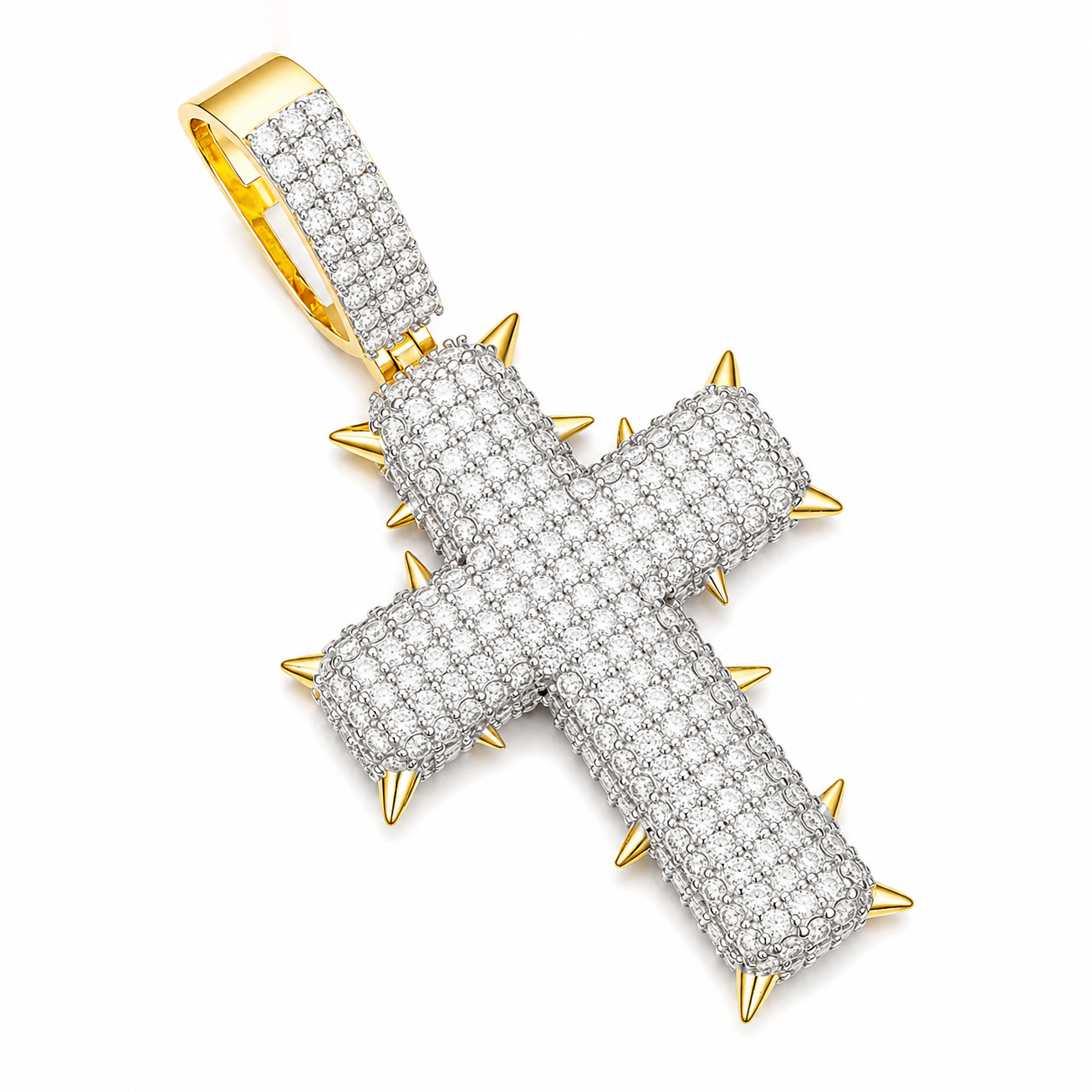 Iced Out Spiked Moissanite Cross Pendant  14K Gold Plated Over 925 Sterling Silver