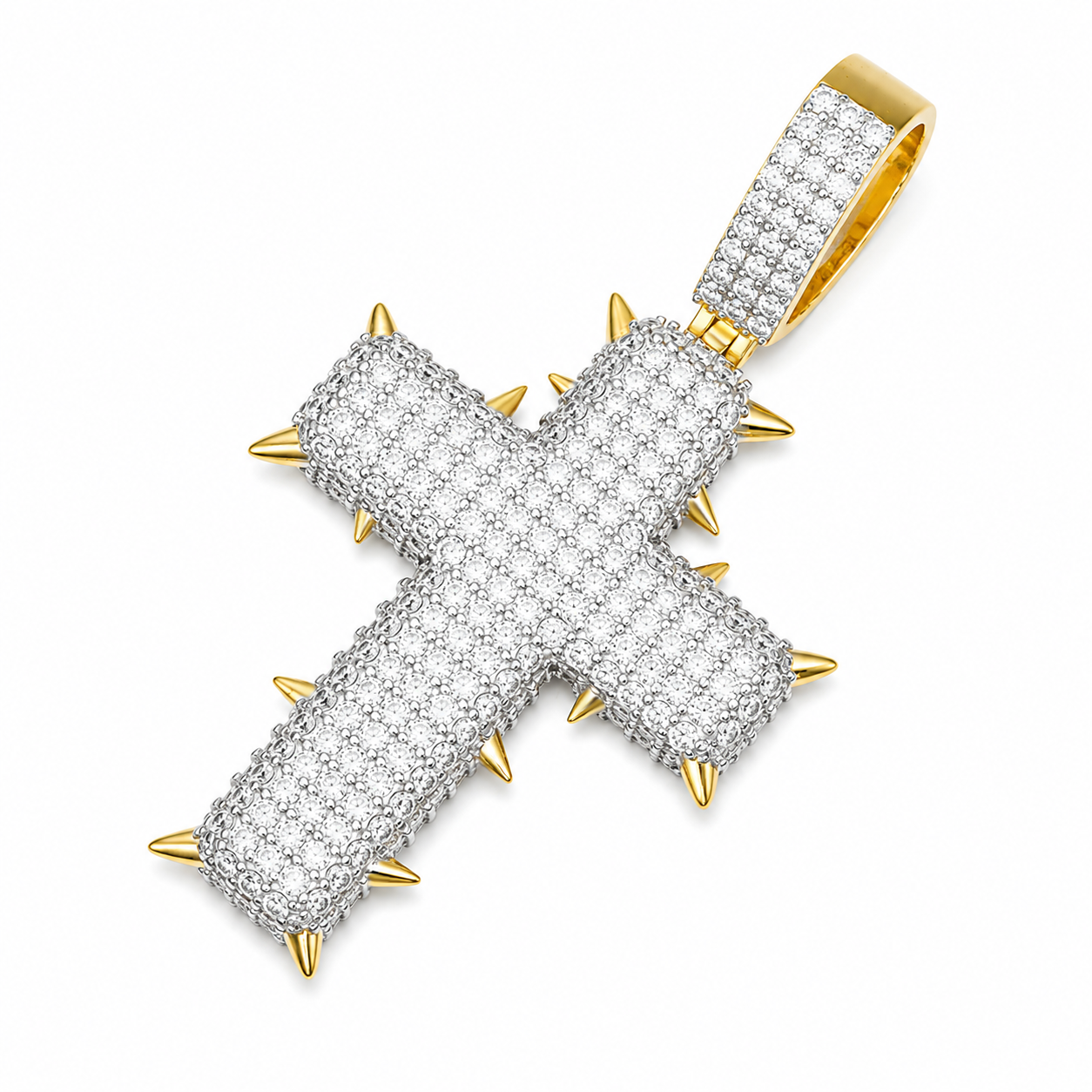 Iced Out Spiked Moissanite Cross Pendant  14K Gold Plated Over 925 Sterling Silver