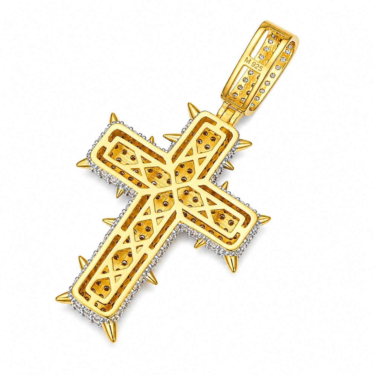 Iced Out Spiked Moissanite Cross Pendant  14K Gold Plated Over 925 Sterling Silver