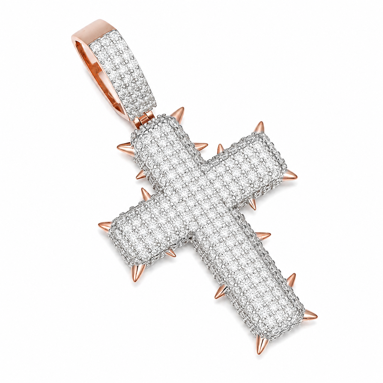 Iced Out Spiked Moissanite Cross Pendant  14K Gold Plated Over 925 Sterling Silver