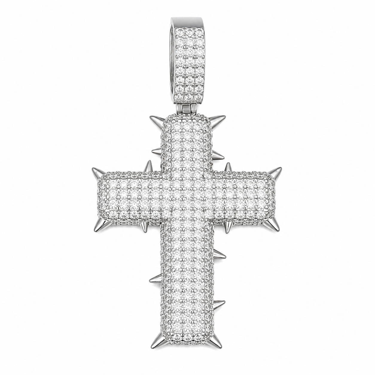 Iced Out Spiked Moissanite Cross Pendant  14K Gold Plated Over 925 Sterling Silver