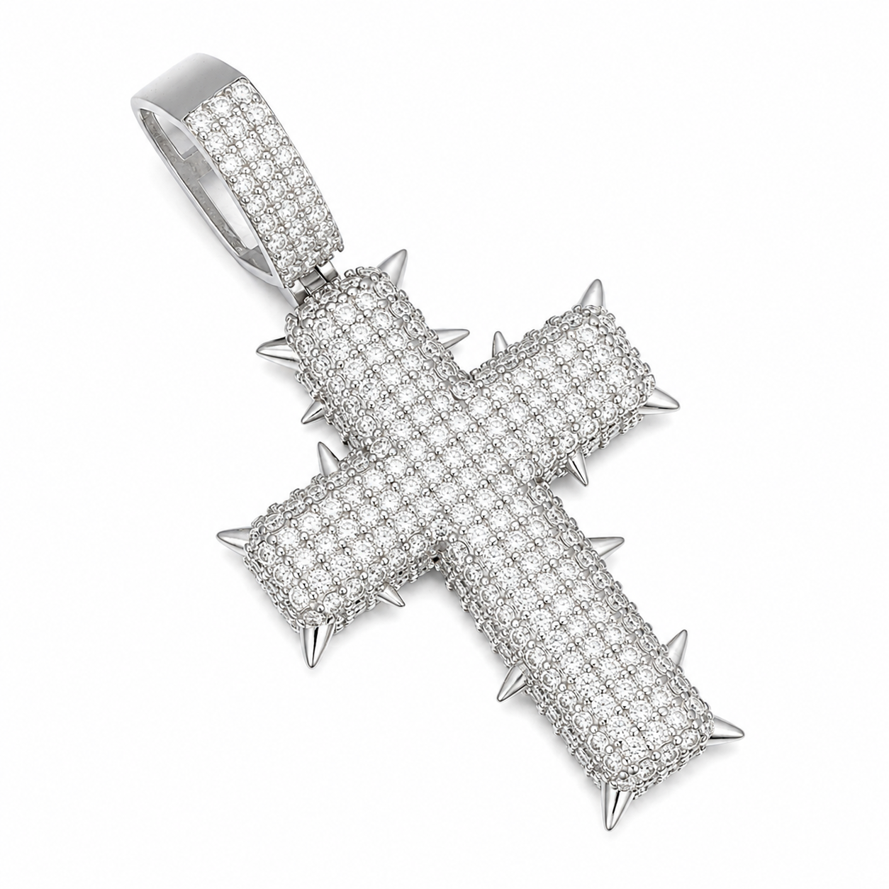 Iced Out Spiked Moissanite Cross Pendant  14K Gold Plated Over 925 Sterling Silver