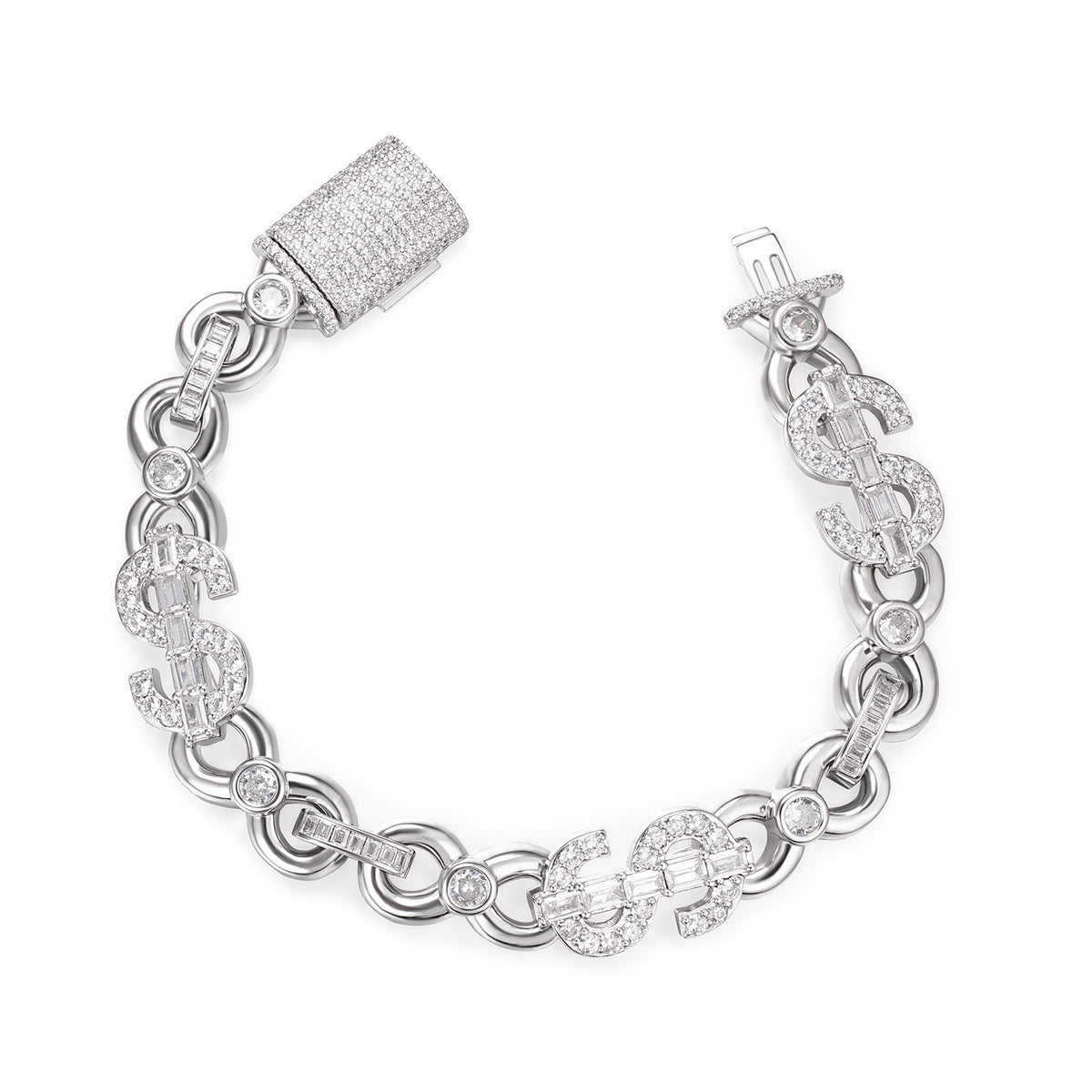 Iced Out Sterling Silver 13MM Dollar Sign Bracelet
