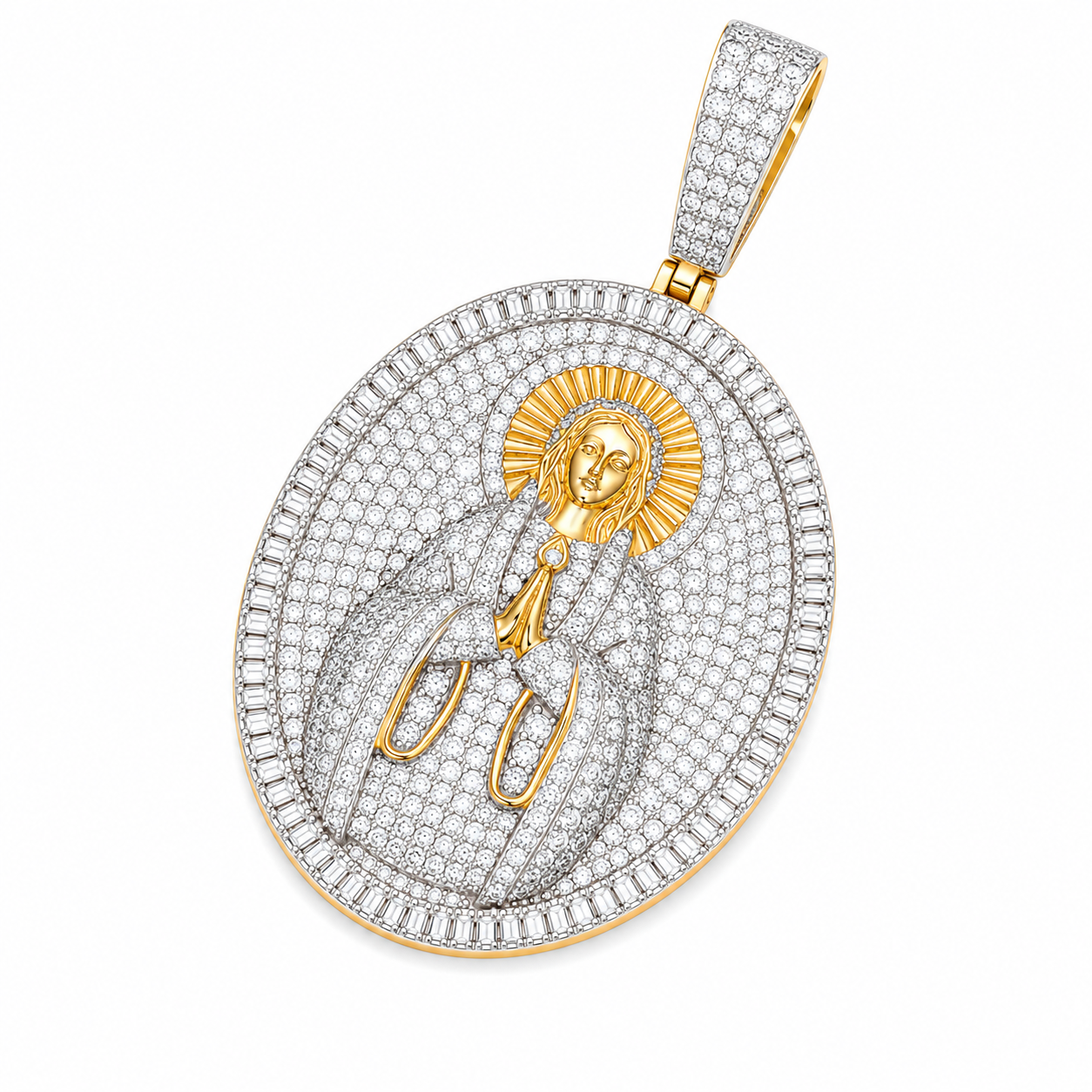 Iced Out Virgin Mary Moissanite Pendant  14K Gold Plated Over 925 Sterling Silver