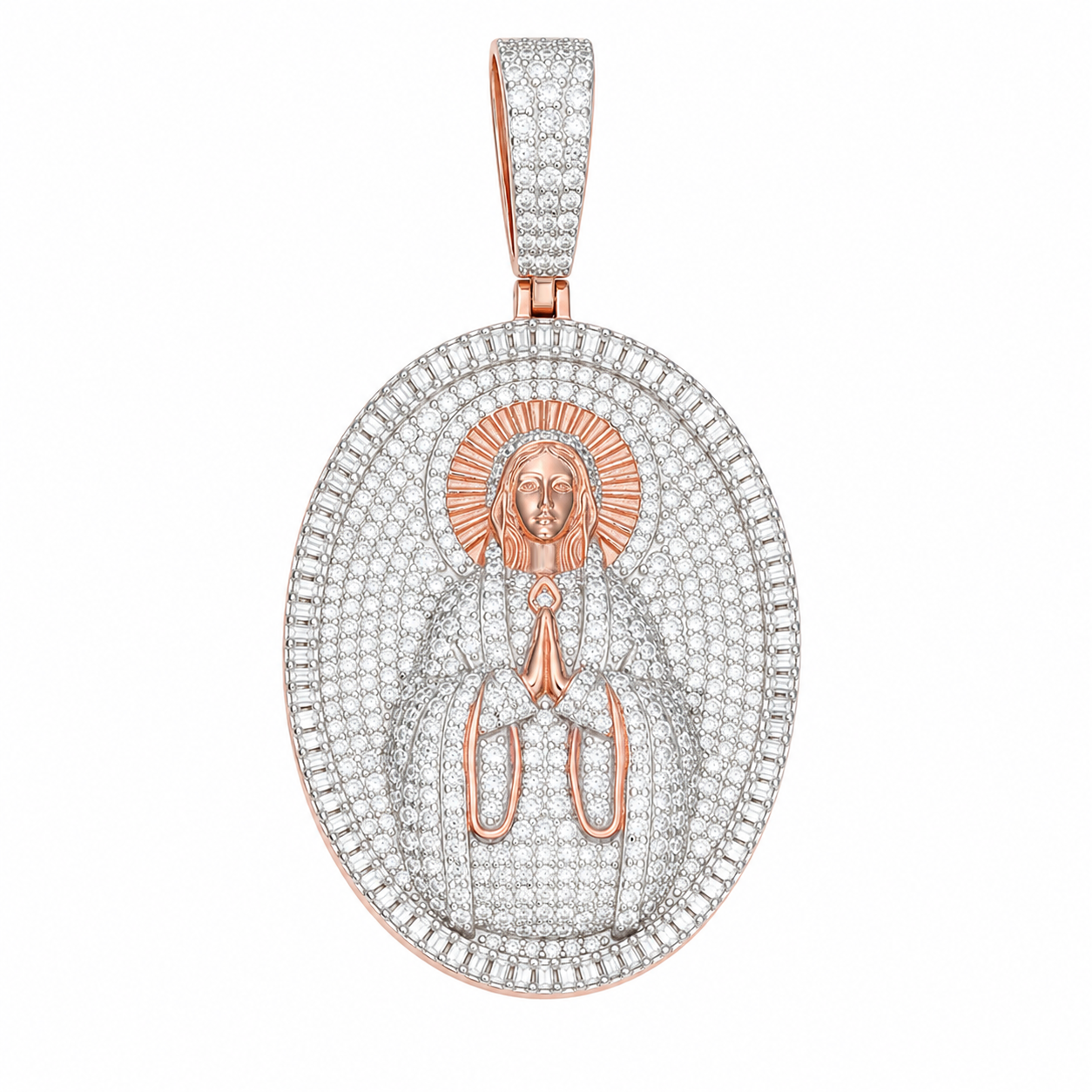 Iced Out Virgin Mary Moissanite Pendant  14K Gold Plated Over 925 Sterling Silver