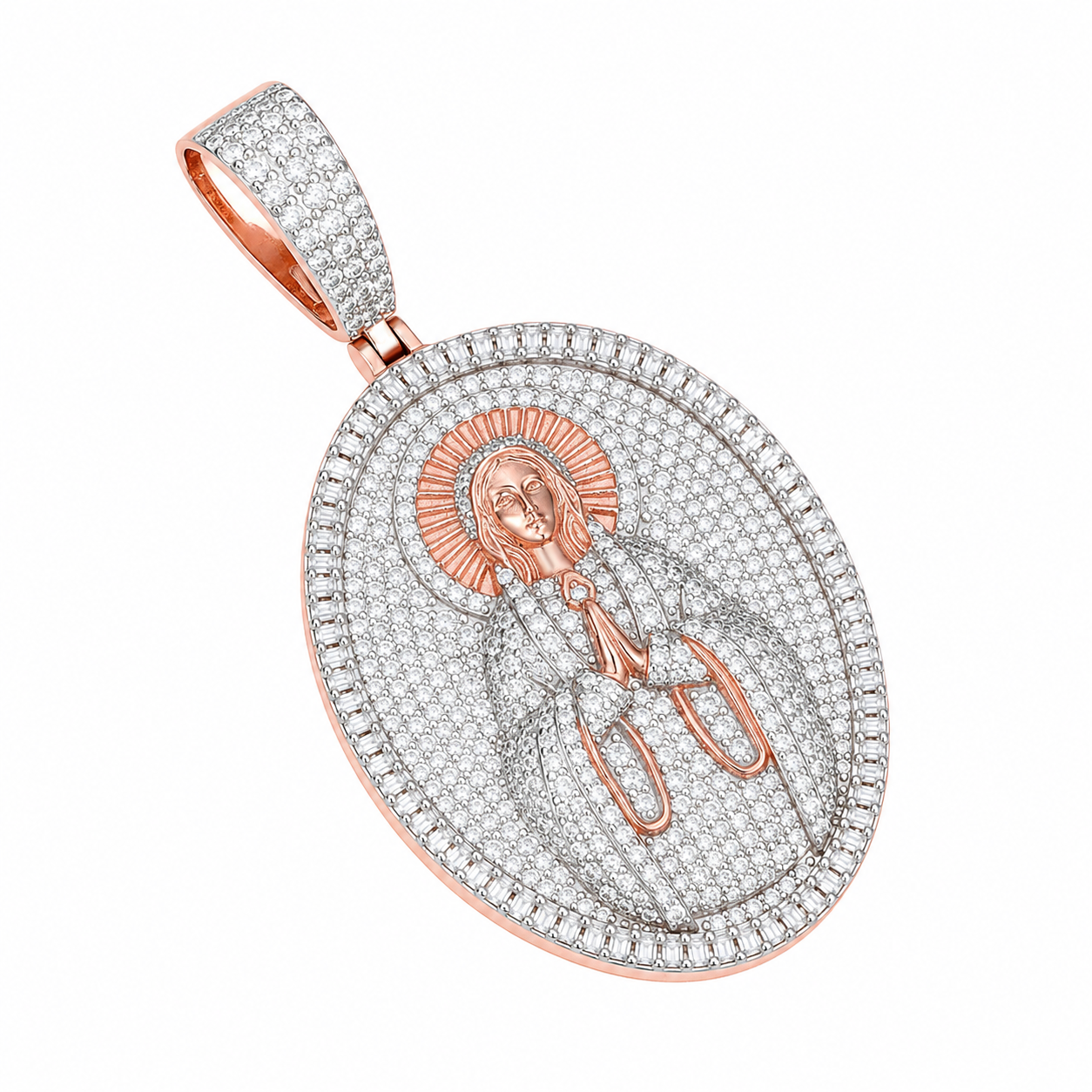 Iced Out Virgin Mary Moissanite Pendant  14K Gold Plated Over 925 Sterling Silver