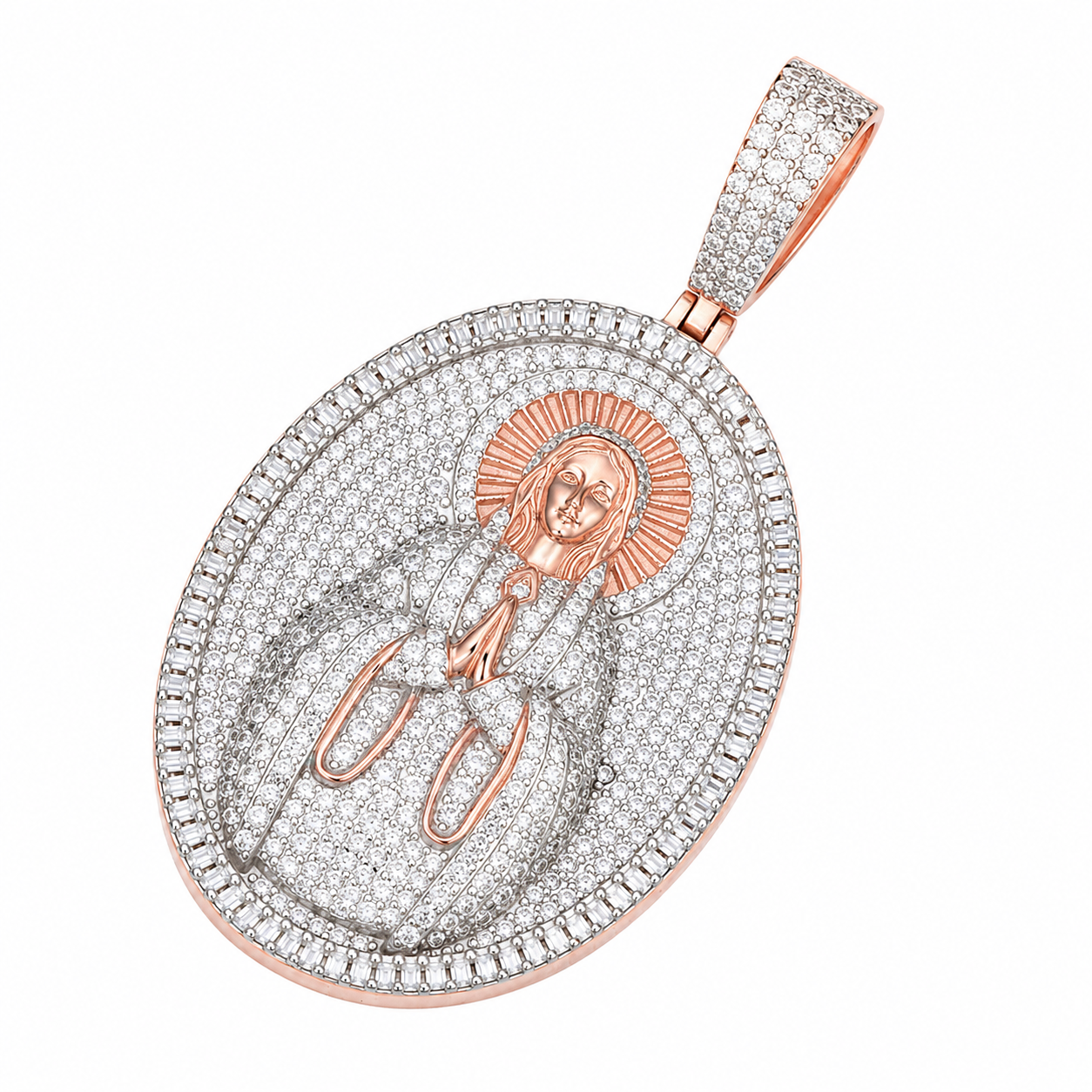 Iced Out Virgin Mary Moissanite Pendant  14K Gold Plated Over 925 Sterling Silver