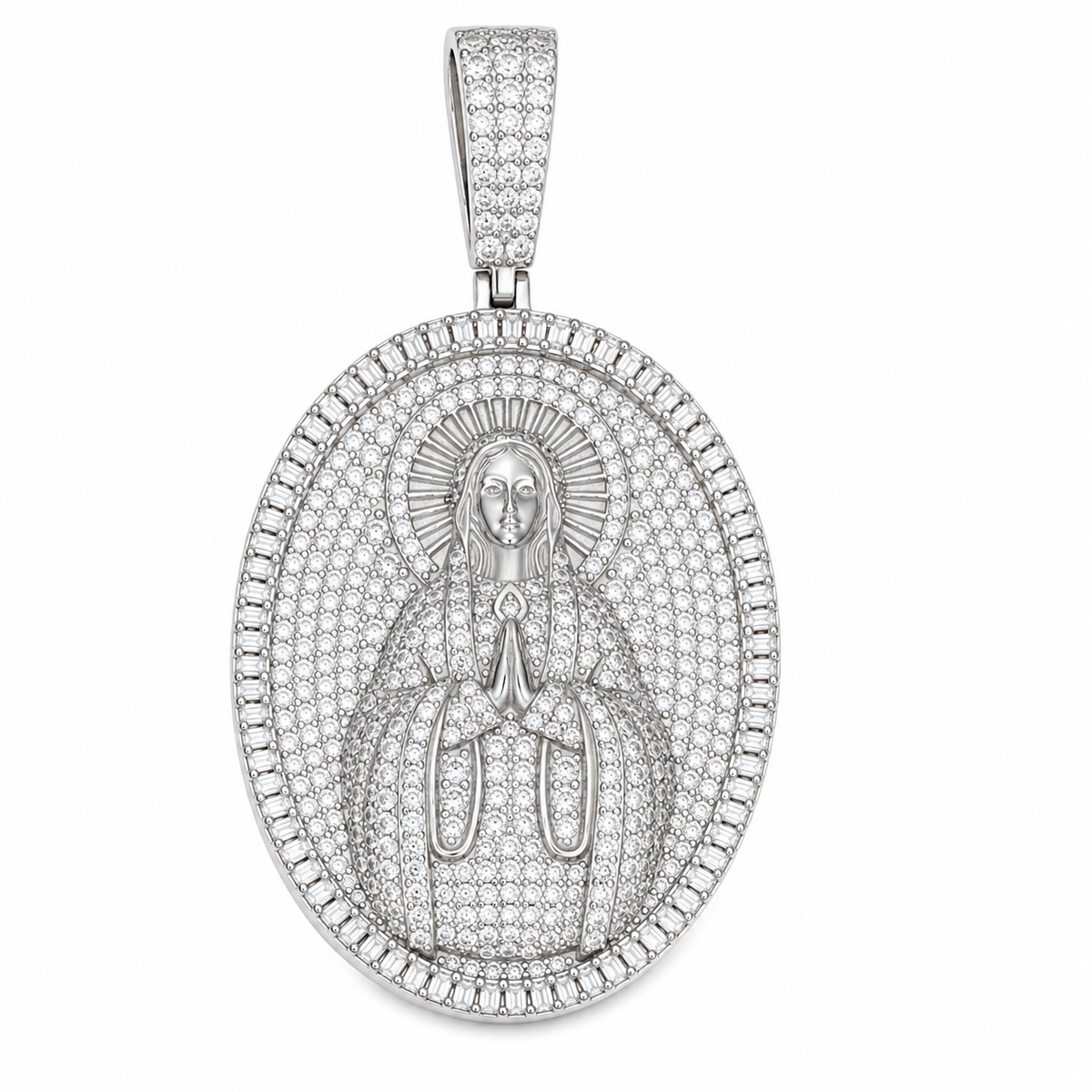 Iced Out Virgin Mary Moissanite Pendant  14K Gold Plated Over 925 Sterling Silver