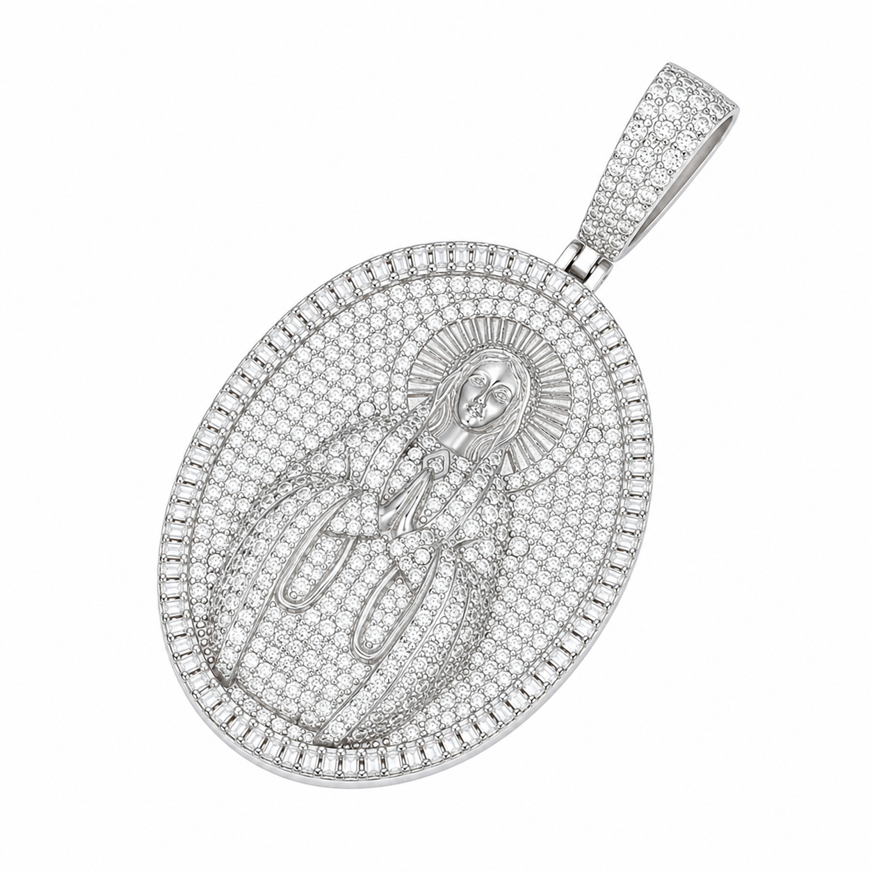 Iced Out Virgin Mary Moissanite Pendant  14K Gold Plated Over 925 Sterling Silver