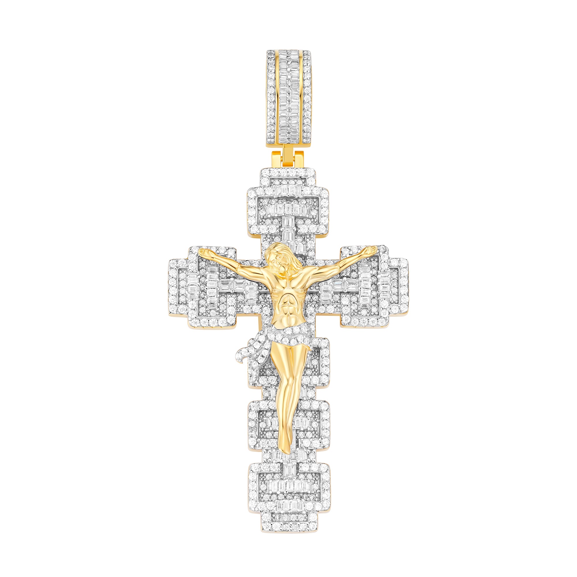 Jesus Piece Cross Pendant – Two-Tone Gold and Silver Iced Out Moissanite Charm | UIU Jewelry