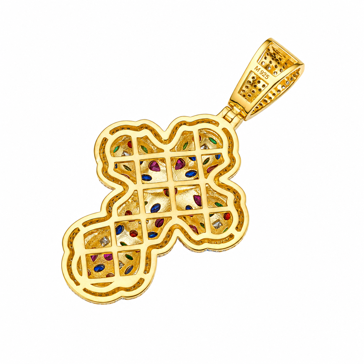 Multicolor Moissanite Floral Cross Pendant | 14K Gold Plated Over 925 Sterling Silver