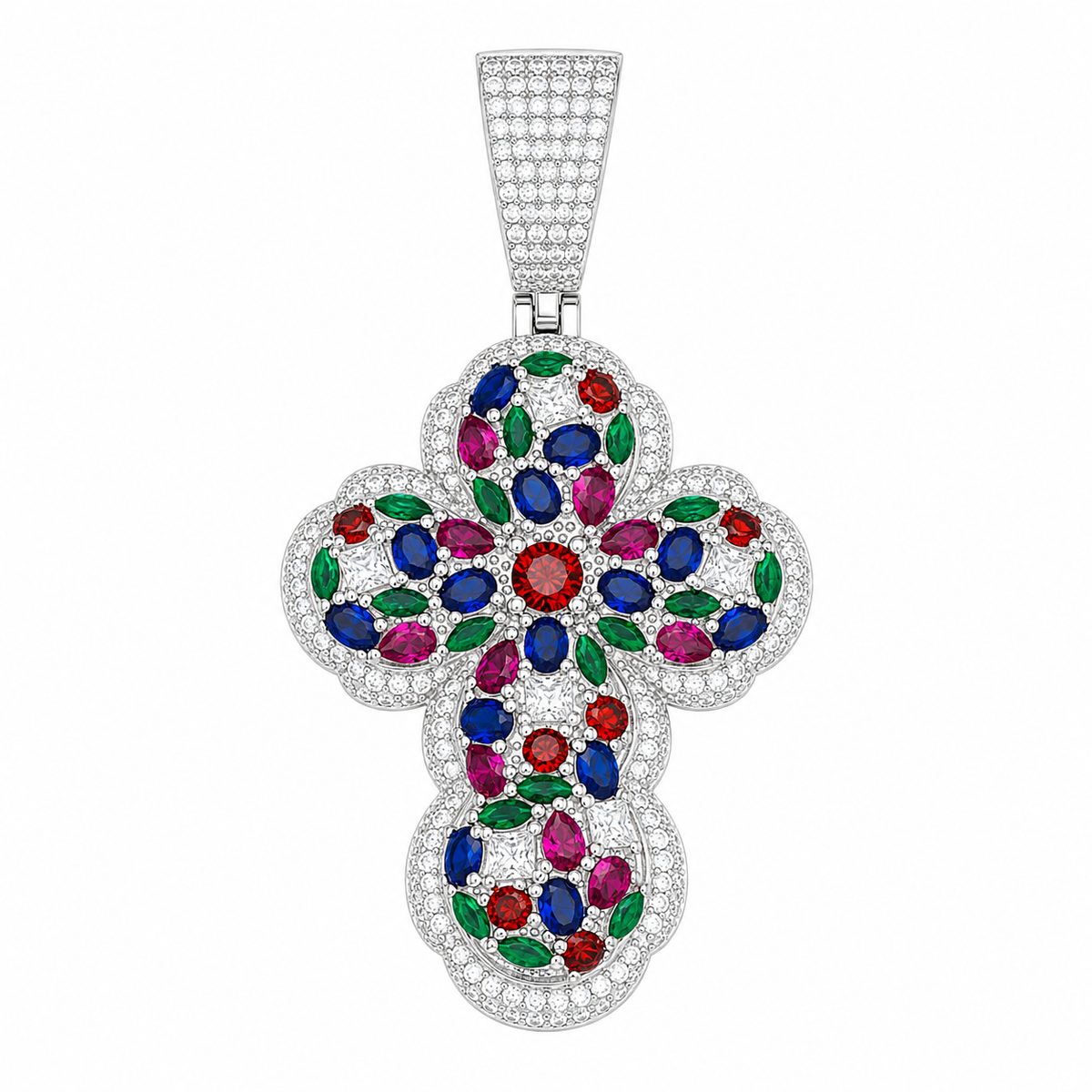 Multicolor Moissanite Floral Cross Pendant | 14K Gold Plated Over 925 Sterling Silver