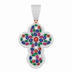 Multicolor Moissanite Floral Cross Pendant | 14K Gold Plated Over 925 Sterling Silver