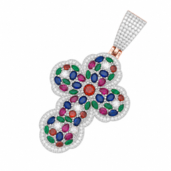 Multicolor Moissanite Floral Cross Pendant | 14K Gold Plated Over 925 Sterling Silver