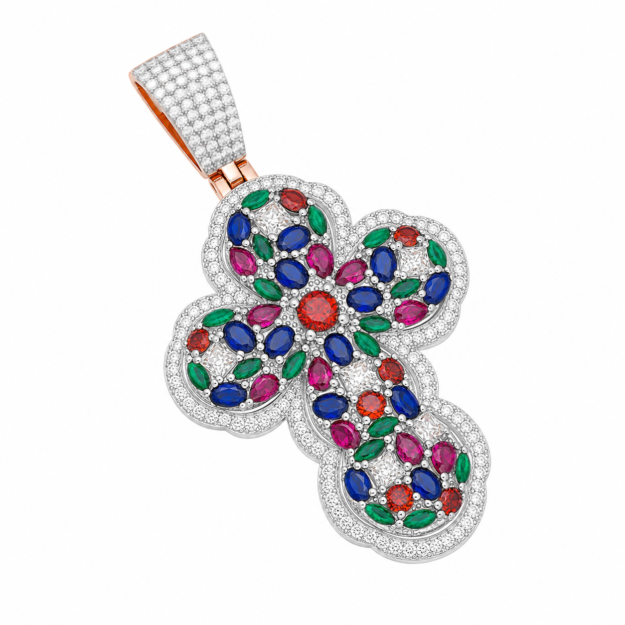Multicolor Moissanite Floral Cross Pendant | 14K Gold Plated Over 925 Sterling Silver