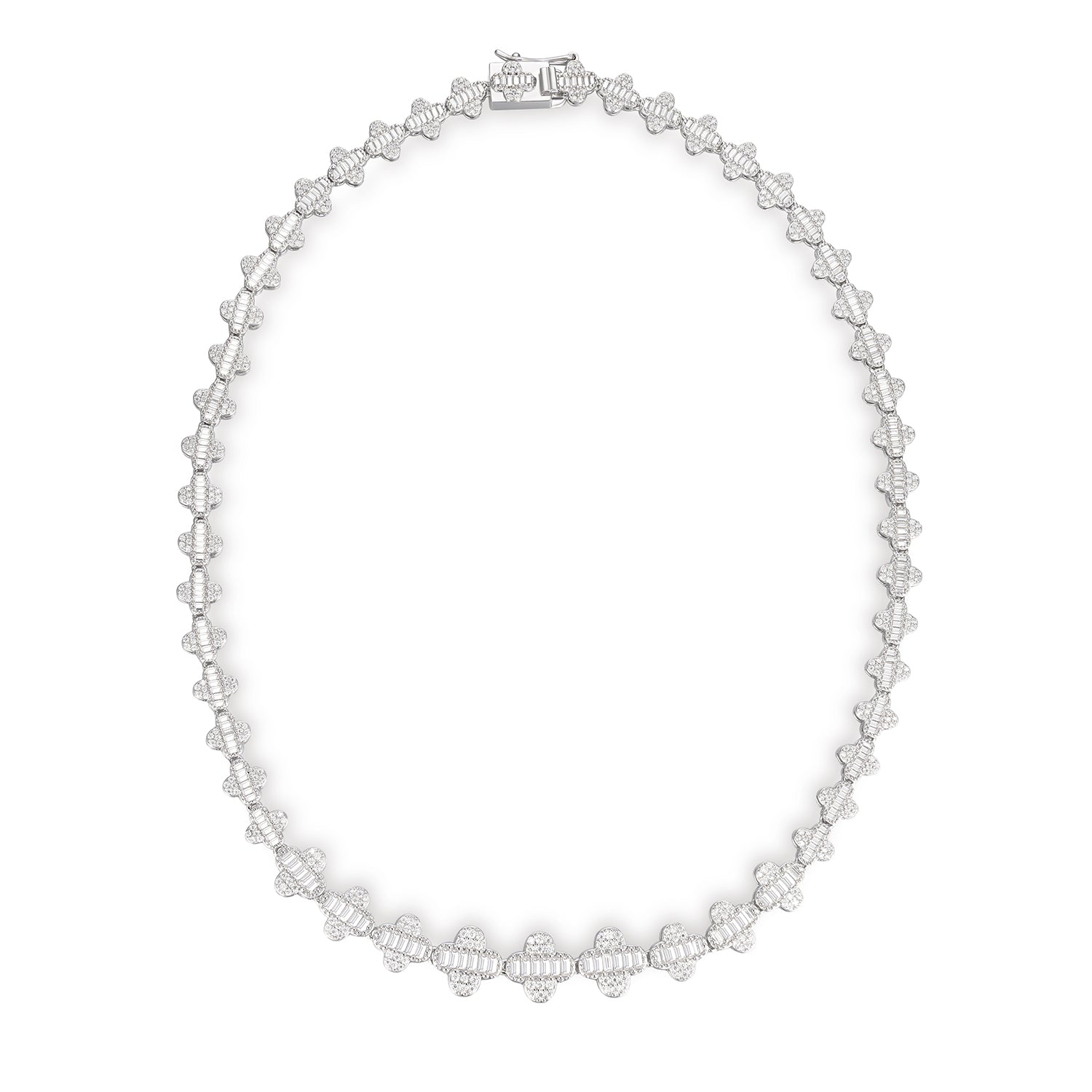 Real Moissanite 925 Silver Iced Baguette Clover Graduated Tennis Chain