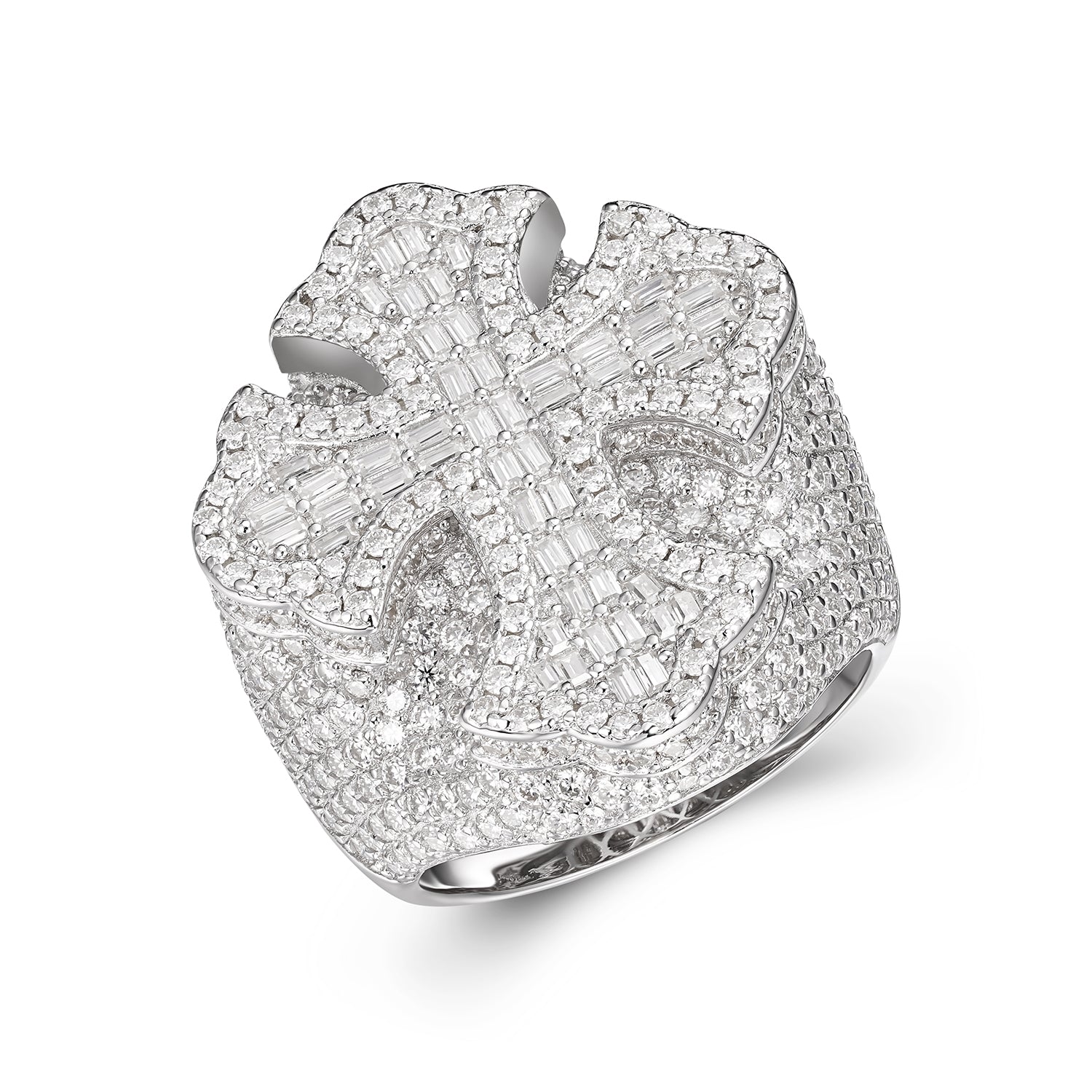 Round & baguette Cut moissanite Jesus Cross Ring Hip Hop Men's 925 Silver