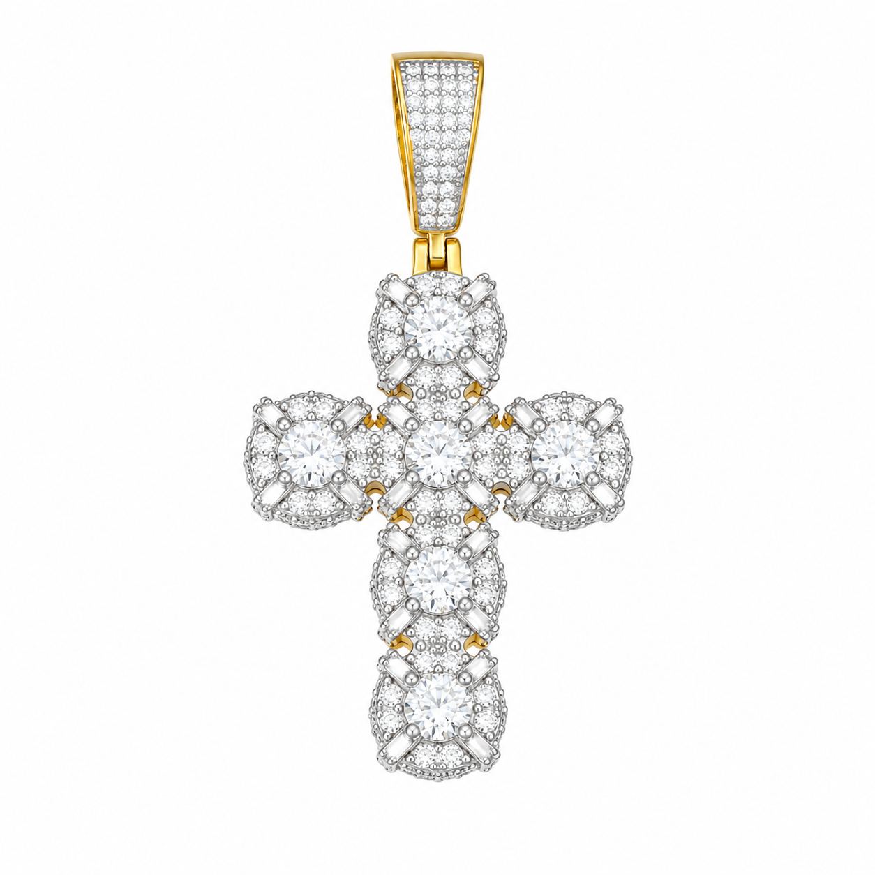 Solitaire Halo Moissanite Cross Pendant | 14K Gold Plated Over 925 Sterling Silver