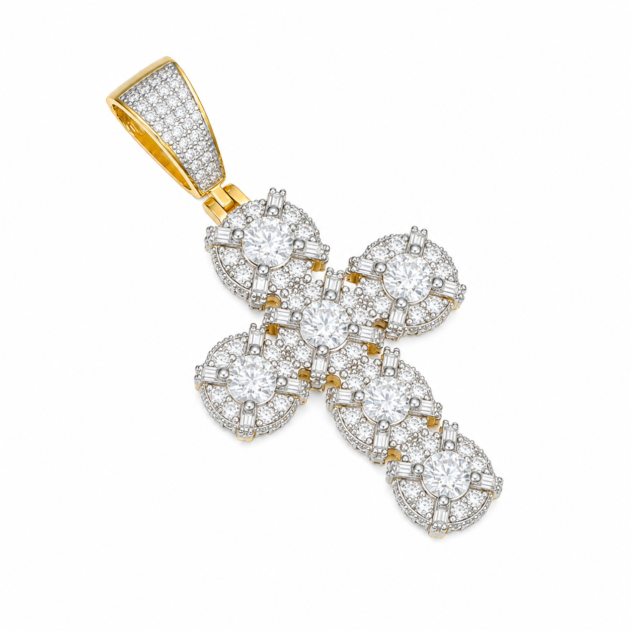 Solitaire Halo Moissanite Cross Pendant | 14K Gold Plated Over 925 Sterling Silver