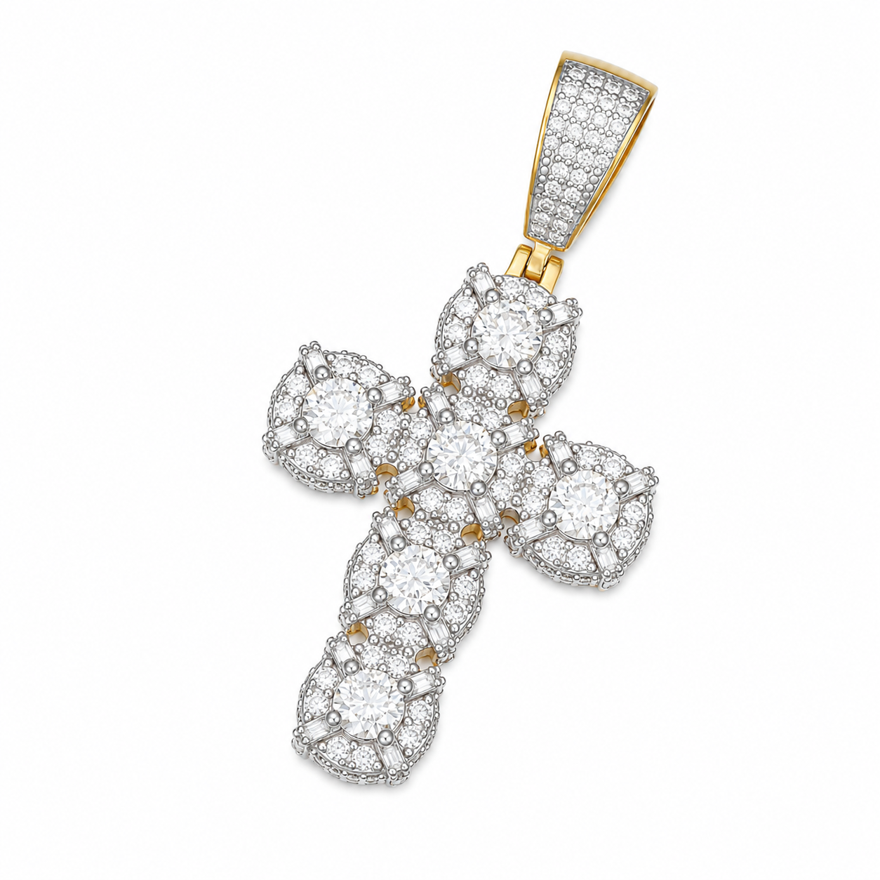 Solitaire Halo Moissanite Cross Pendant | 14K Gold Plated Over 925 Sterling Silver