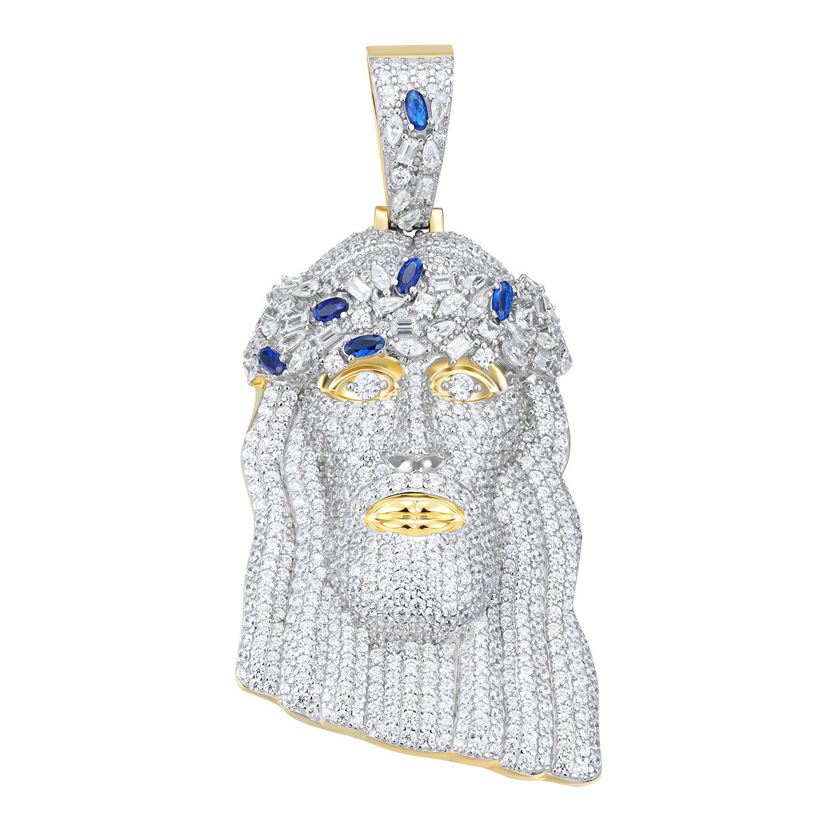 Moissanite Jesus Piece Pendant – S925 Silver, Blue CZ Crown, Two-Tone Finish | UIU Jewelry