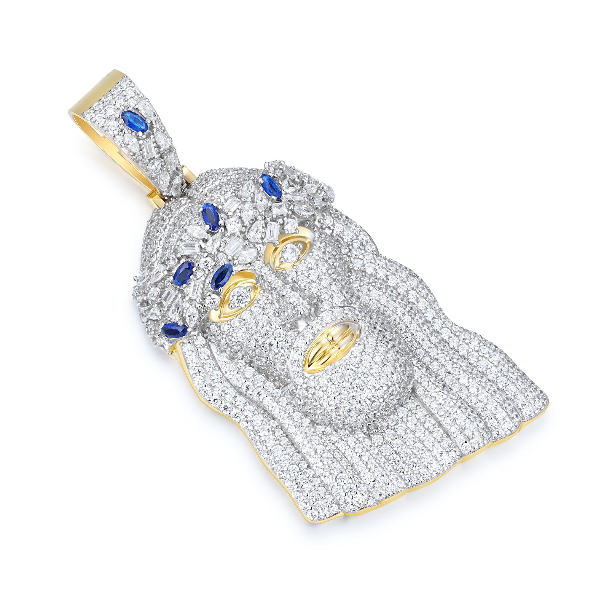 Moissanite Jesus Piece Pendant – S925 Silver, Blue CZ Crown, Two-Tone Finish | UIU Jewelry